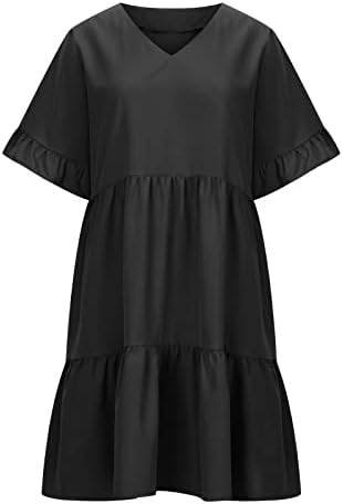 שמלות לנשים 2023, שרוול קצר מזדמן שמלת דאון שופע קיץ כיס המותניים האלסטיים A-Line Swing Mini שמלות