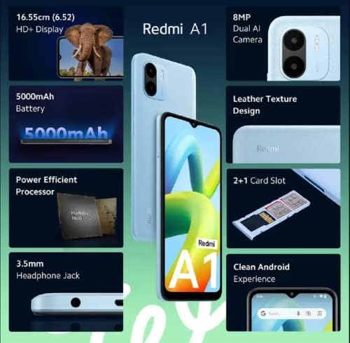 Xiaomi Redmi A1 לא נעול טלפון סלולרי 4 גרם Volte, 2GB זיכרון RAM + 32GB ROM, תצוגה 6.52 , מצלמה 8MP, סוללה של 5000mAh עם טלפון חכם לטעינה מהירה של 10W