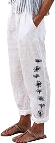 מכנסי קאפרי לנשים, פשתן כותנה מזדמנים פרחוניים רחבים רחבים פלאצו יוגה קפריס קיץ טרקלין טרקלין עם כיסים