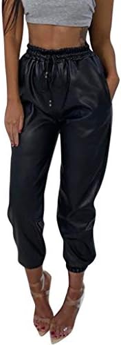 מכנסי עור של Foviguo לנשים מכנסיים אלסטיים מזדמנים רופפים מכנסיים מכנסיים עור דמוי