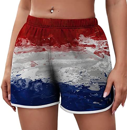 מכנסי שחייה בקיץ LMDUDAN לנשים יום העצמאות של נשים דגל אמריקה הדפסת לוח חוף מזדמן. מכנסיים קצרים אתלטי יבש מהיר