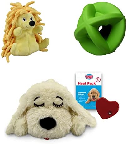 SmartPetlove מקורי מקורי גור צעצוע ממולא פעימות לב לכלבים - חצוצי רך וחבילת צעצועים של Bounderz - מגיע עם גור מוזהב מוזהב, קיפוד קטן בפלאש וכדור גומי
