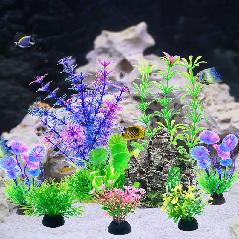 אקווריום קישוטי צמחים עם מסלעת נוף סט, דגי טנק פלסטיק צמחים ומערה רוק קישוטי לאקווריומים