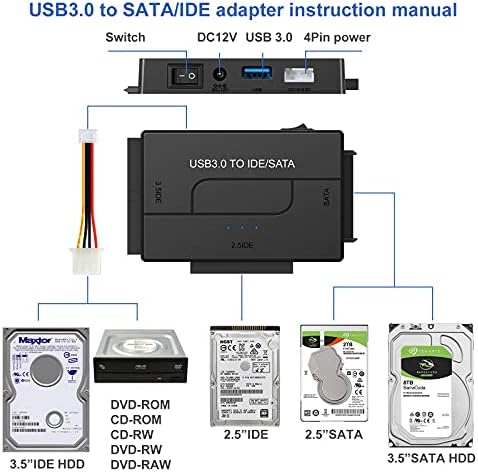 Yinnceen 【צרור】 USB 3.0 ל- IDE ו- SATA ממיר מתאם כונן קשיח חיצוני ומתג USB 3.0