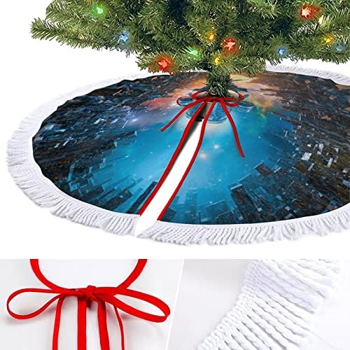 תחנת חלל עירונית עתידנית הדפסה חצאית עץ חג המולד עם ציצית למסיבת חג שמח מתחת לעץ חג המולד