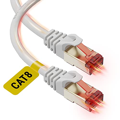 UCC CAT 8 כבל Ethernet 25ft - מהירות גבוהה Cat8 כבל WiFi אינטרנט 40 ג'יגה -ביט לשנייה 2000 מגה הרץ - מחבר RJ45 עם כבל טלאי LAN מצופה זהב, כבל טלאי LAN, לנתב, משחק, מחשב - לבן - 25 רגל