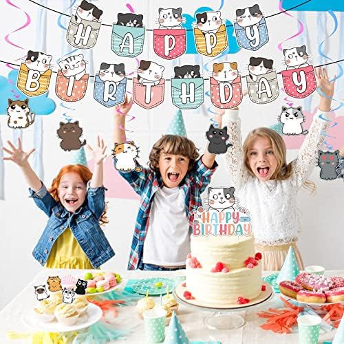 106 יחידות חתול נושא מסיבת יום הולדת קישוטי חמוד חתול יום הולדת ספקי צד לילדים בנות כולל חתול שמח יום הולדת באנר, תליית מערבולות, עוגת טופר, כיסויי הקאפקייקס, בלונים ומדבקות