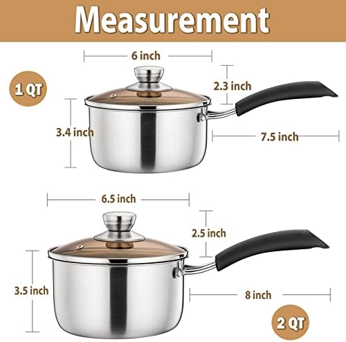 סיר 1 קוט ו-2 קוט עם סט מכסה, פוט שף מחבת רוטב נירוסטה קטנה, סט רב תכליתי לבישול מסעדת מטבח רותח, מכסה גלוי וידית חסינת חום, בטוח למדיח כלים