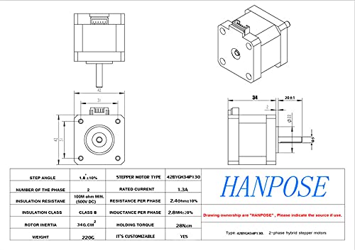 מנוע צעד של Hanpose 17HS3401 NEMA 17 אביזרי מדפסת אספקה ​​אלטרלית 1.3A 28N.CM עם כבל 4 PIN למכונת טחינת CNC