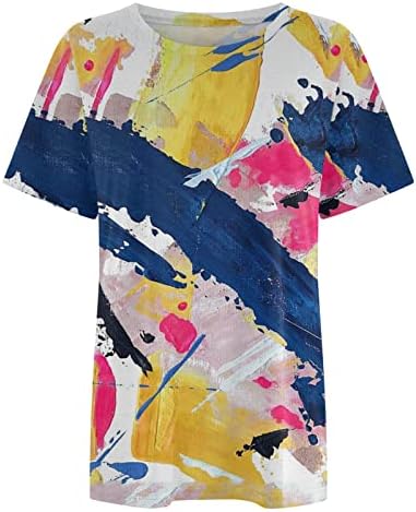 עגול צוואר חולצות לנשים עניבת צבע רופף בכושר חולצות מודפס גדול קיץ קצר שרוול אלגנטי טוניקת חולצות