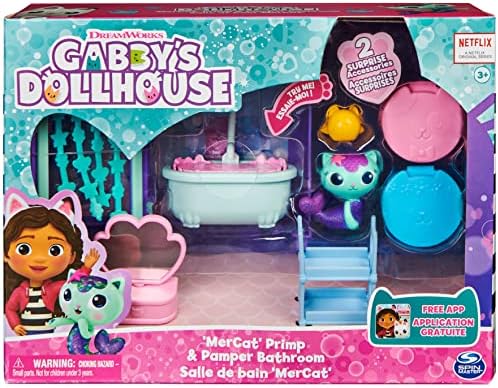 בית הבובות של גבי, חדר אמבטיה עם דמות מרקט, 3 אביזרים, 3 רהיטים ו -2 משלוחים, צעצועי ילדים לגילאי 3 ומעלה