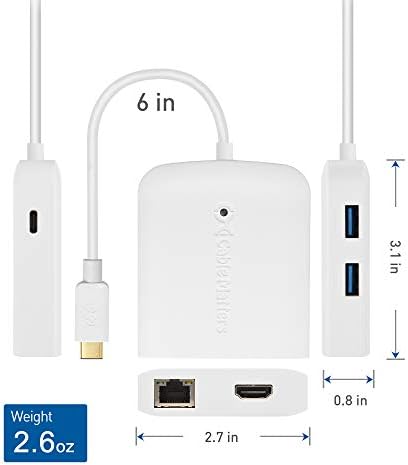 ענייני כבלים USB C Hub עם HDMI 4K, 80W טעינה, Gigabit Ethernet ו- 3x USB בלבן - USB -C ו- Thunderbolt 4 / USB4 / Thunderbolt 3 Port התואם ל- Surface Pro7, MacBook Pro, Dell XPS