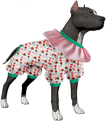 Lovinpet בגדי כלבים גדולים, פיג'מות כלבים גדולות, חליפת התאוששות כלבים אנטי ללקק, פרחי גבעות אופנה קלות אדום, ורוד, הדפסים ירוקים בגדי כלבים, הגנה על UV, קל ללבוש סרבל כלב XL
