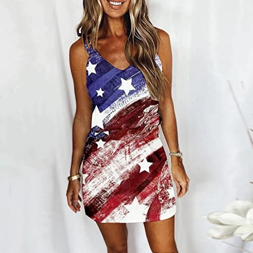 4 ביולי שמלות לנשים קיץ ארה ב דגל טנק שמלה עם כיסים המותניים אלסטי שרוולים צווארון שמלת מיני