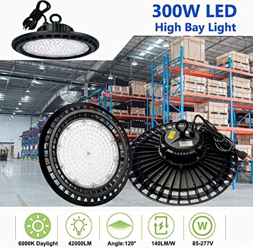 Codauful High Bay Led Led Led Ufo אורות 300W 42000LM עם כבל תקע 5ft אמריקני ， 85-277V IP65 מחסן מגורים, אסם, מפעל, תאורת חנות סדנאות