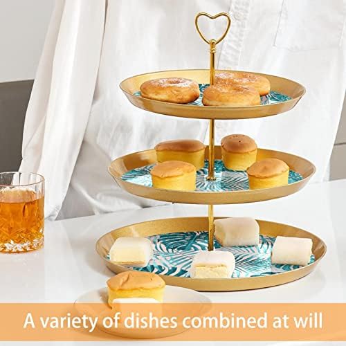 דוכן עוגת סט 3 קומות הקאפקייקס עומד לשימוש חוזר מאפה מגש לחתונה יום הולדת מסיבת תה קישוטים, עלים טרופיים מונסטרה אמנותי
