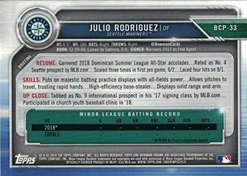 2019 באומן כרום פוטנציאלים-חוליו רודריגז-1 רשמי באומן כרום כרטיס סיאטל מרינרס בייסבול טירון כרטיס ר. סי. סי. פי-33