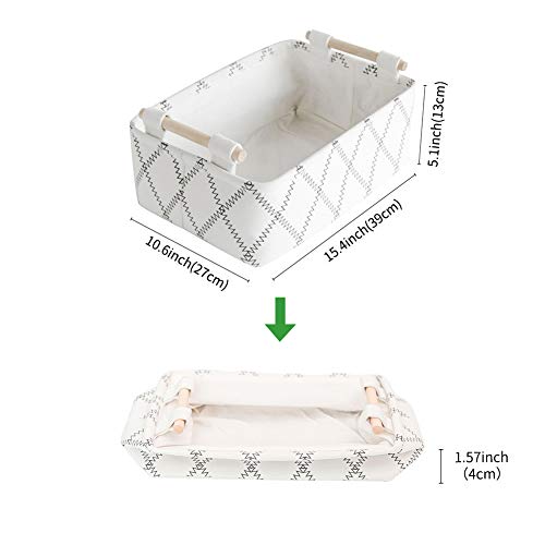 Lufofox דקורטיבי דקורטיבי מתקפל באחסון בד מלבני סל סל מארגן עם ידיות עץ לאחסון בגדים, 15.4x10.6x5.1 אינץ ', לבן