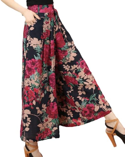 UKTZFBCTW נשים קיץ הדפס דפוס פרחים רחב רגל רופפת שמלת פשתן מכנסיים חצאית מזדמנת מכנסיים CAPRIS COULOTTES 3 S