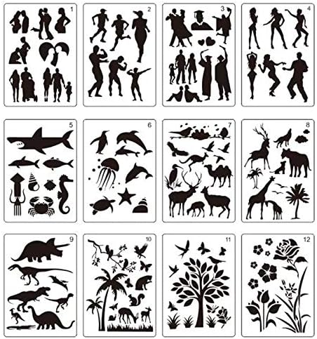 12 יחידות סטנסילים גדולים עבור תבניות 70 דפוסי אהבה שונים ציור סטנסילים, בעלי חיים, צמחים, אנשים, חיים ימיים בלון ילדים דינוזאור תבנית עשה זאת בעצמך קרפט סטנסילים ילדים