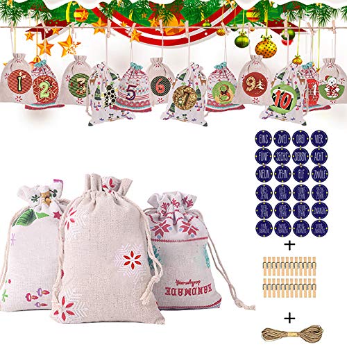 חג המולד תיק לוח שנה פשתן כותנה דפוס סוכריות תיק 1-24 מתנה צרור אדוונט בית תפאורה קיר